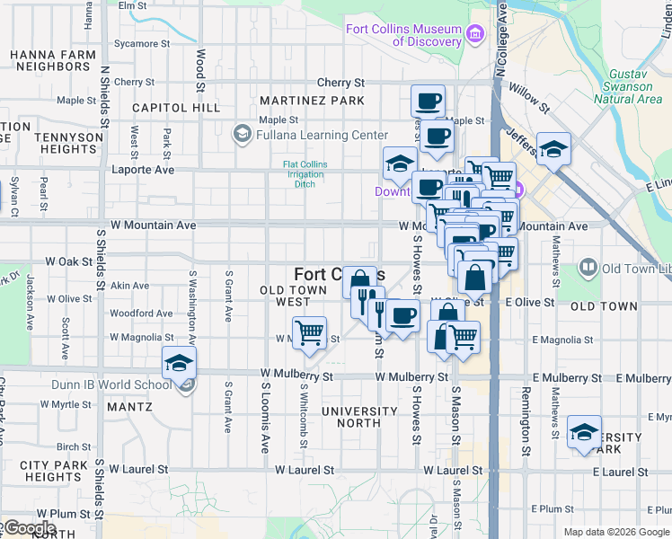map of restaurants, bars, coffee shops, grocery stores, and more near in Fort Collins