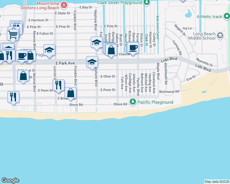 map of restaurants, bars, coffee shops, grocery stores, and more near in Long Beach