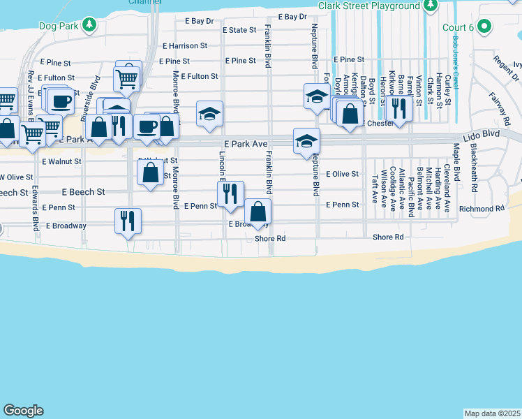 map of restaurants, bars, coffee shops, grocery stores, and more near 117 Franklin Boulevard in Long Beach