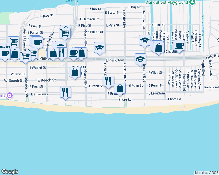 map of restaurants, bars, coffee shops, grocery stores, and more near 420 East Penn Street in Long Beach