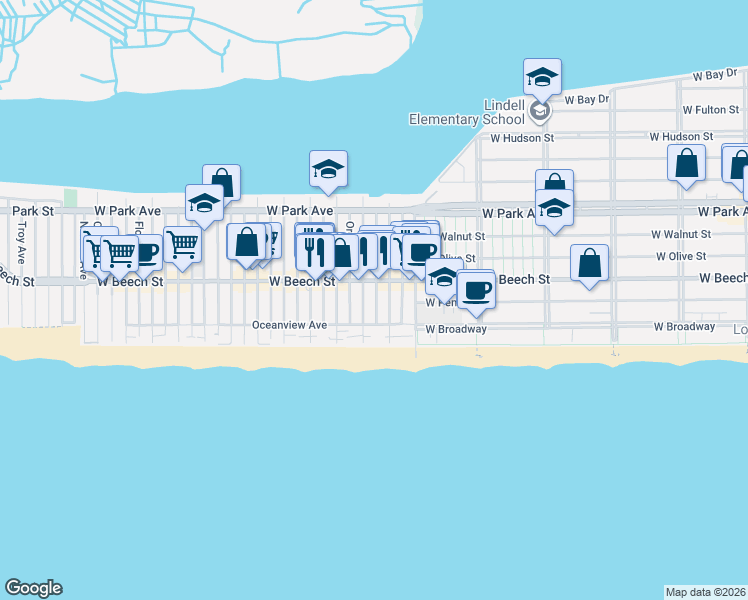 map of restaurants, bars, coffee shops, grocery stores, and more near 44 Arizona Avenue in Long Beach