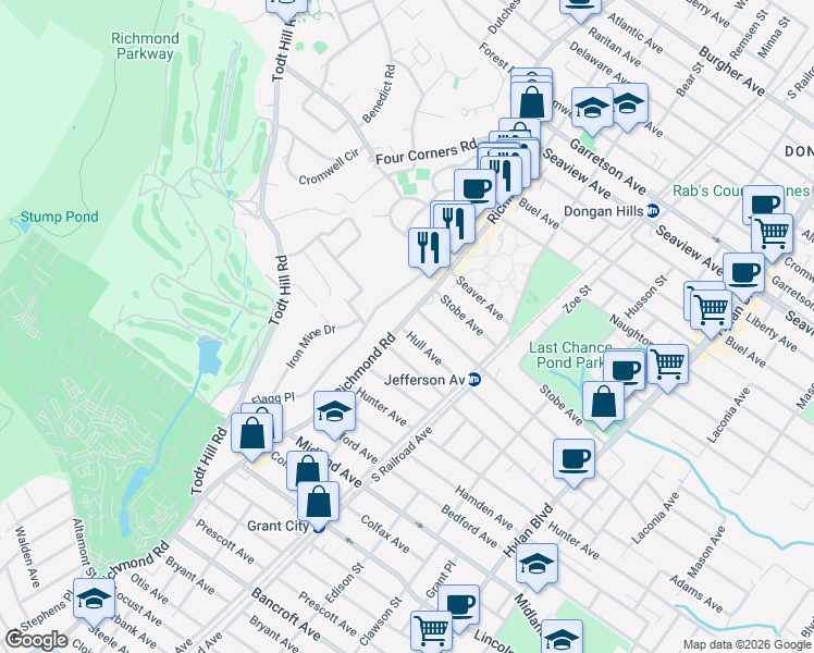 map of restaurants, bars, coffee shops, grocery stores, and more near 1847 Richmond Road in Staten Island