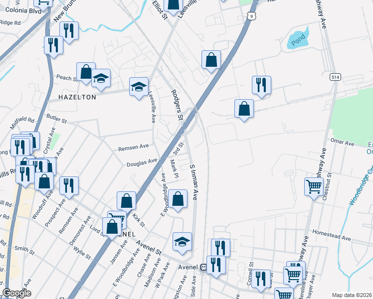 map of restaurants, bars, coffee shops, grocery stores, and more near 2 Douglas Avenue in Woodbridge Township