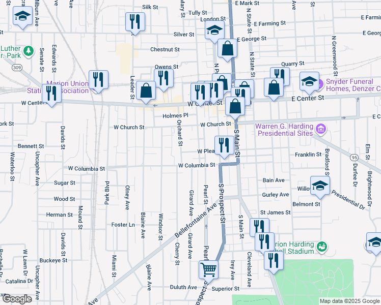 map of restaurants, bars, coffee shops, grocery stores, and more near 236 Orchard Street in Marion
