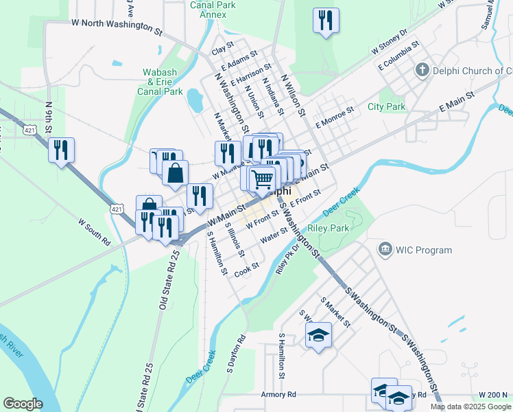 map of restaurants, bars, coffee shops, grocery stores, and more near in Delphi