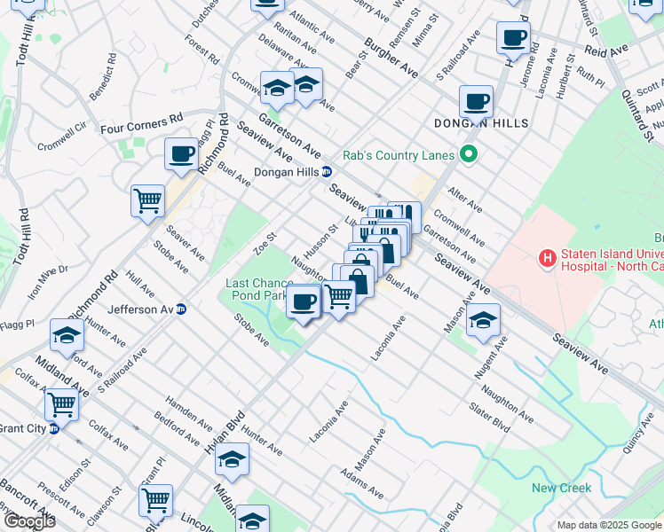 map of restaurants, bars, coffee shops, grocery stores, and more near 202 Dongan Hills Avenue in Staten Island