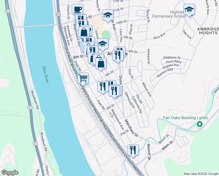 map of restaurants, bars, coffee shops, grocery stores, and more near 506 Merchant Street in Ambridge