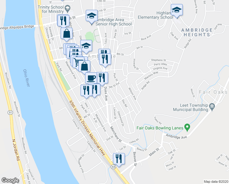 map of restaurants, bars, coffee shops, grocery stores, and more near 435 Elm Rd in Ambridge