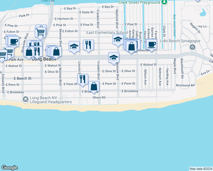 map of restaurants, bars, coffee shops, grocery stores, and more near 528 East Penn Street in Long Beach
