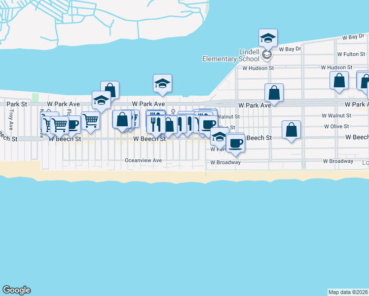 map of restaurants, bars, coffee shops, grocery stores, and more near 44 Arizona Avenue in Long Beach