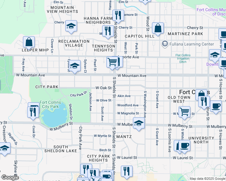 map of restaurants, bars, coffee shops, grocery stores, and more near 1101 West Oak Street in Fort Collins