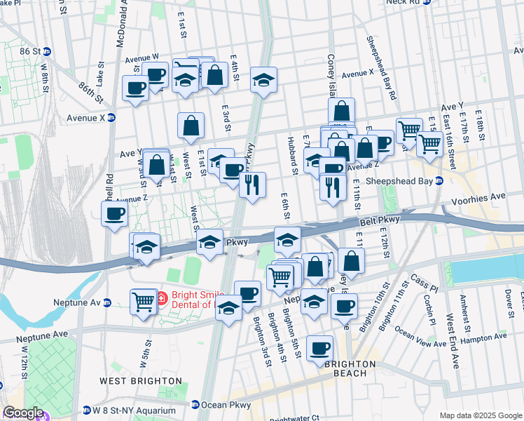map of restaurants, bars, coffee shops, grocery stores, and more near 2601 Ocean Parkway in Brooklyn