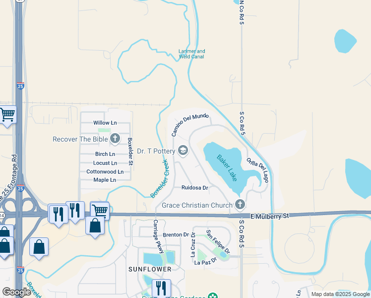 map of restaurants, bars, coffee shops, grocery stores, and more near 193 Camino Real in Fort Collins
