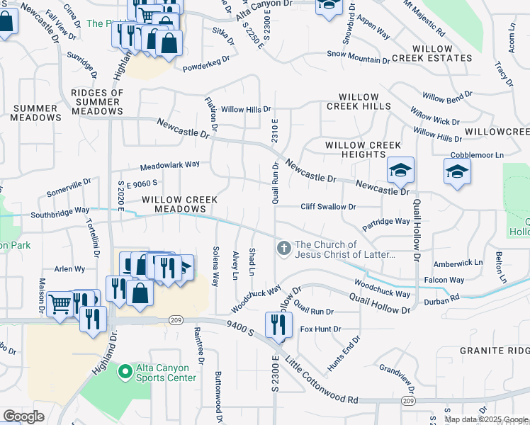 map of restaurants, bars, coffee shops, grocery stores, and more near 9127 Shad Circle in Sandy