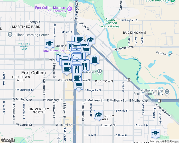 map of restaurants, bars, coffee shops, grocery stores, and more near 221 East Oak Street in Fort Collins