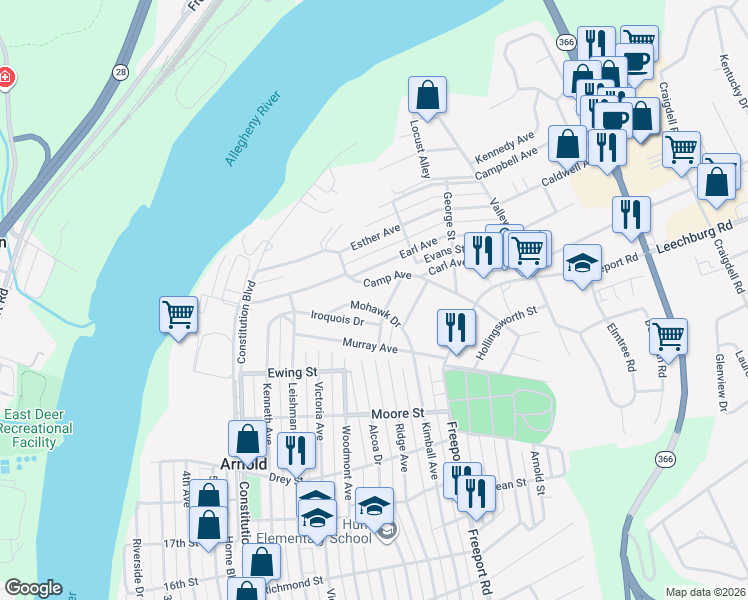 map of restaurants, bars, coffee shops, grocery stores, and more near 153 Mohawk Drive in New Kensington