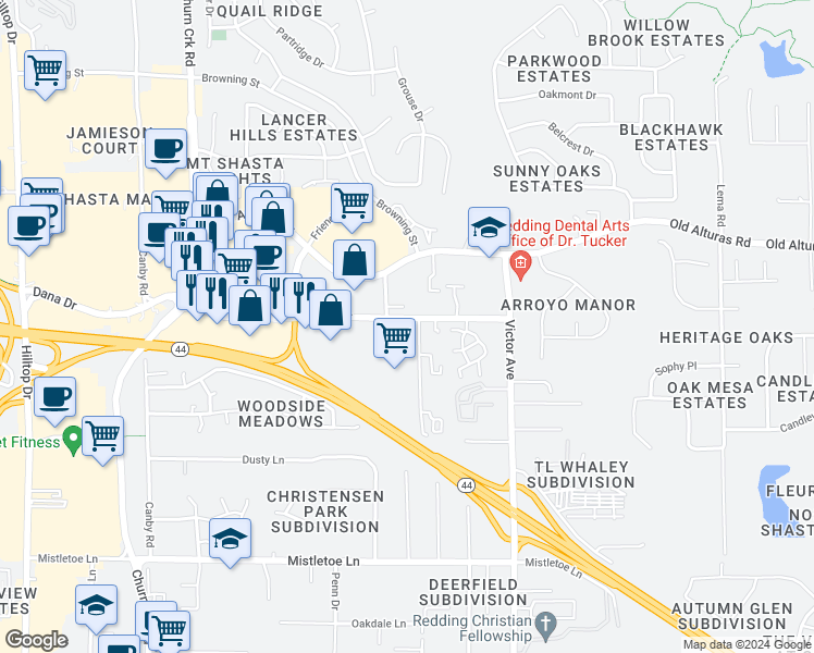 map of restaurants, bars, coffee shops, grocery stores, and more near 1547 Dana Drive in Redding
