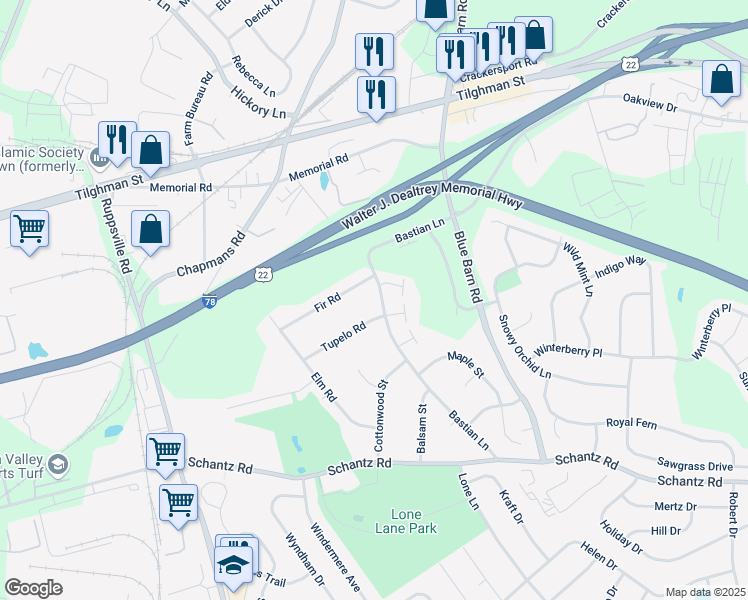 map of restaurants, bars, coffee shops, grocery stores, and more near 318 Bastian Lane in Allentown