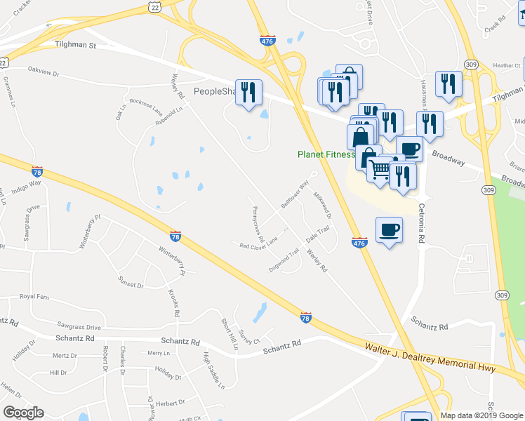 map of restaurants, bars, coffee shops, grocery stores, and more near 343 Pennycress Road in Allentown
