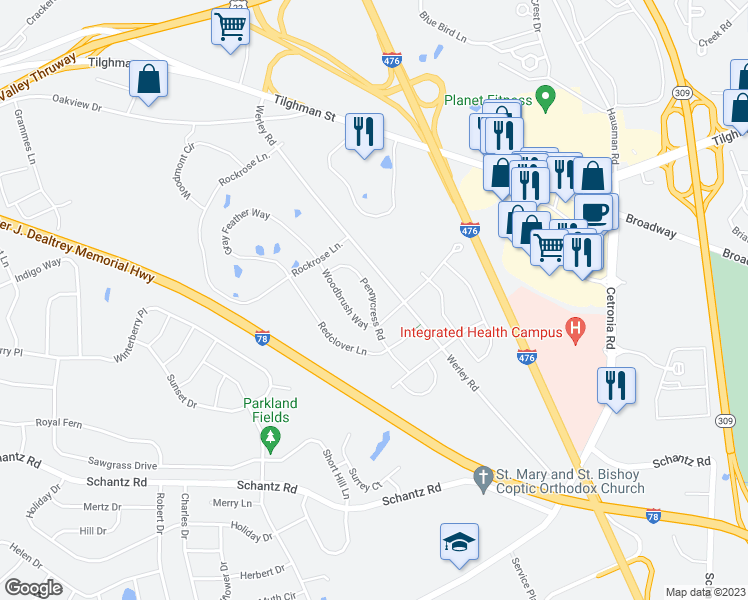 map of restaurants, bars, coffee shops, grocery stores, and more near 395 Pennycress Road in Allentown