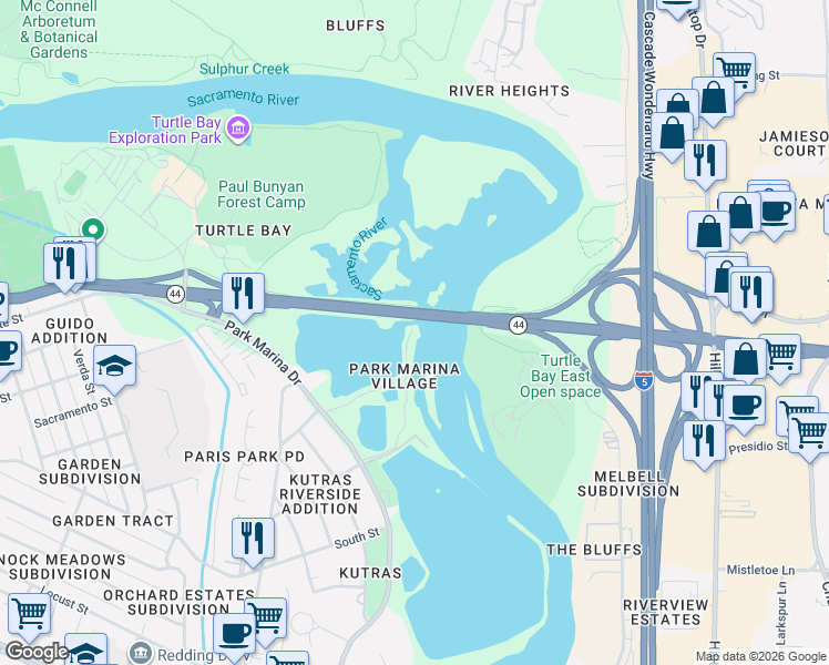 map of restaurants, bars, coffee shops, grocery stores, and more near 107 Village Drive in Redding