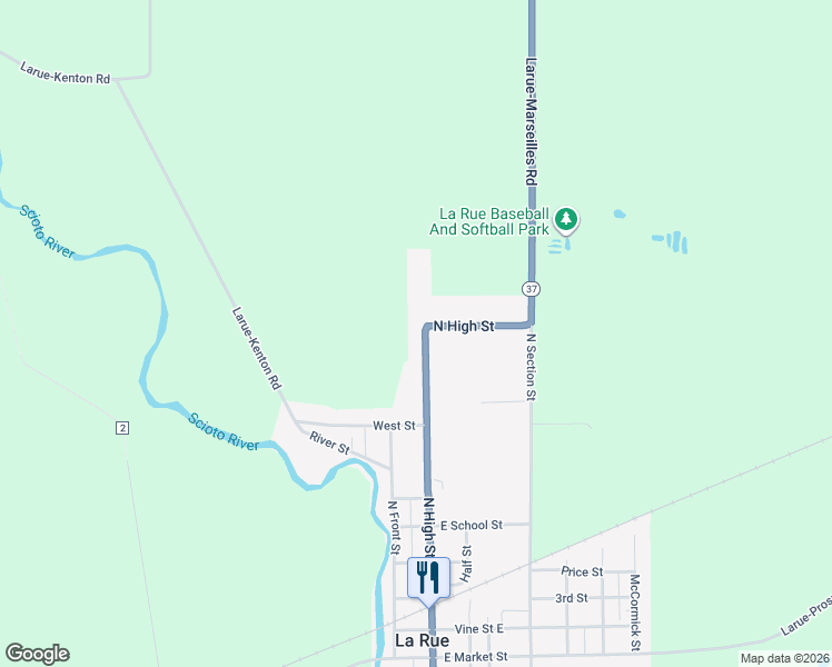 map of restaurants, bars, coffee shops, grocery stores, and more near 769 North High Street in La Rue