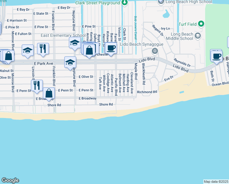 map of restaurants, bars, coffee shops, grocery stores, and more near 107 Pacific Boulevard in Long Beach