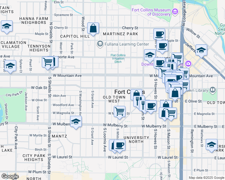 map of restaurants, bars, coffee shops, grocery stores, and more near 605 West Oak Street in Fort Collins