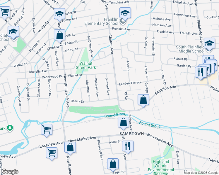 map of restaurants, bars, coffee shops, grocery stores, and more near 1543 Dumont Avenue in South Plainfield