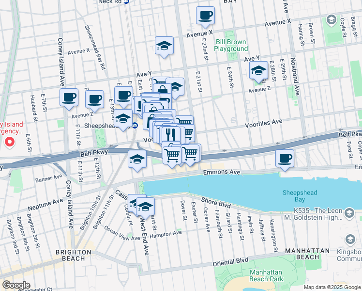 map of restaurants, bars, coffee shops, grocery stores, and more near 2738 East 19th Street in Brooklyn