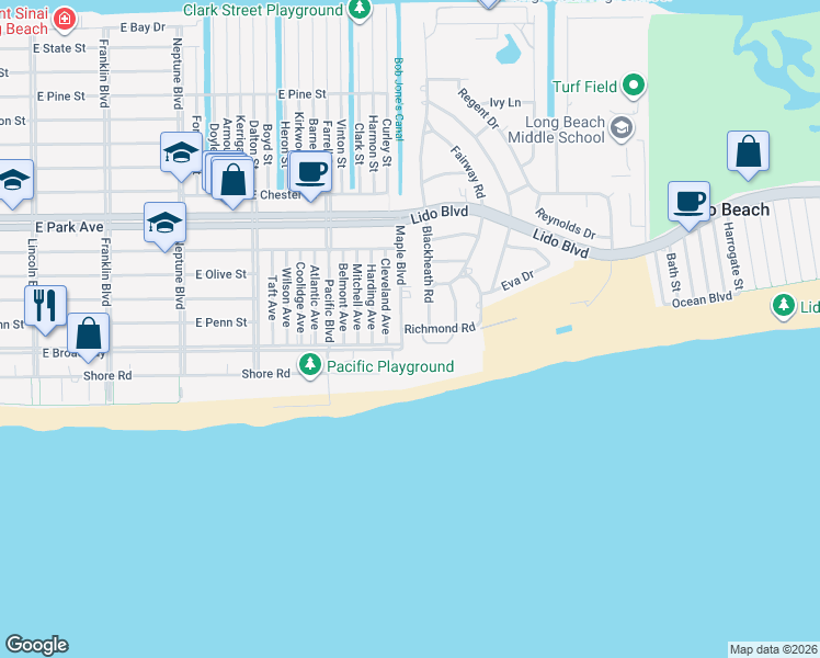 map of restaurants, bars, coffee shops, grocery stores, and more near 2 Richmond Road in Long Beach