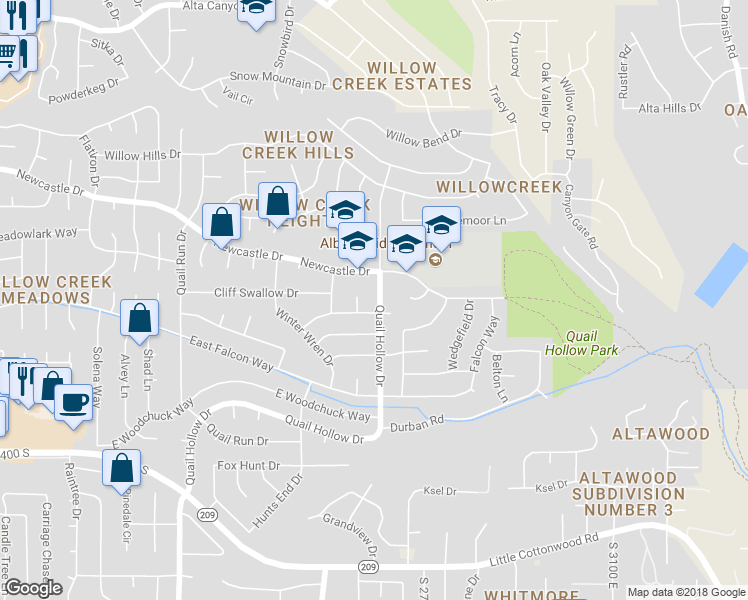 map of restaurants, bars, coffee shops, grocery stores, and more near 9124 Quail Hollow Drive in Sandy
