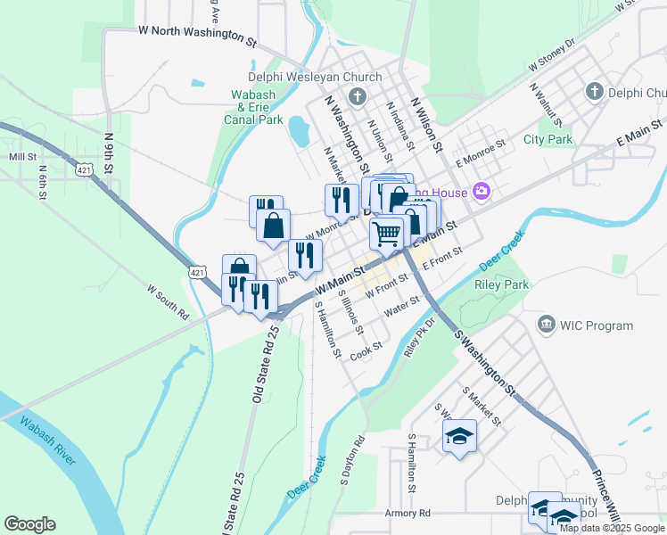 map of restaurants, bars, coffee shops, grocery stores, and more near 111 South Illinois Street in Delphi