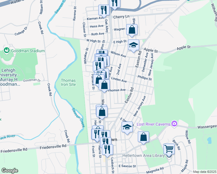 map of restaurants, bars, coffee shops, grocery stores, and more near 1120 1st Avenue in Hellertown