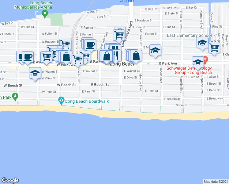 map of restaurants, bars, coffee shops, grocery stores, and more near 162 East Penn Street in Long Beach