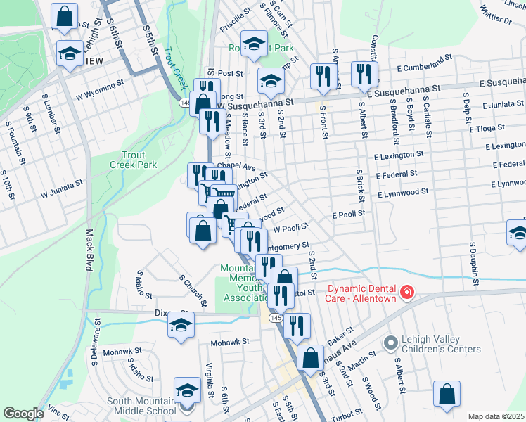 map of restaurants, bars, coffee shops, grocery stores, and more near 1606 South Race Street in Allentown