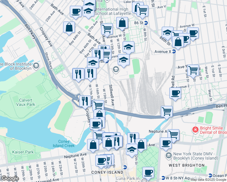 map of restaurants, bars, coffee shops, grocery stores, and more near 2559 Stillwell Avenue in Brooklyn