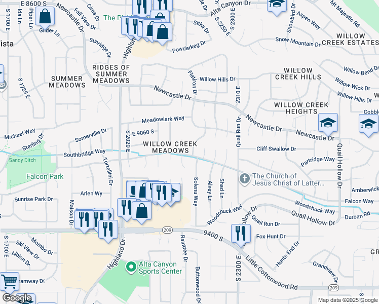 map of restaurants, bars, coffee shops, grocery stores, and more near 2183 Falcon Way in Sandy