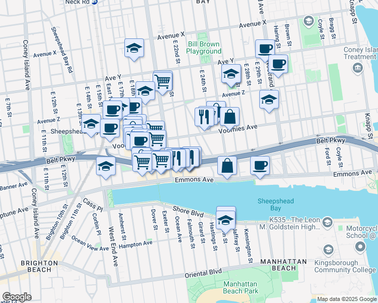 map of restaurants, bars, coffee shops, grocery stores, and more near 2122 Kenmore Ct in Brooklyn