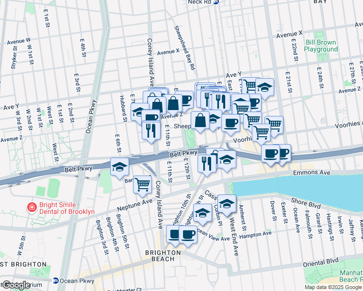 map of restaurants, bars, coffee shops, grocery stores, and more near 2686 East 12th Street in Brooklyn