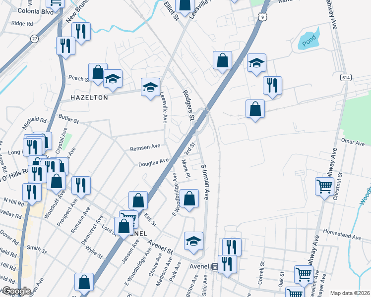map of restaurants, bars, coffee shops, grocery stores, and more near 16 U.S. 9 in Woodbridge Township