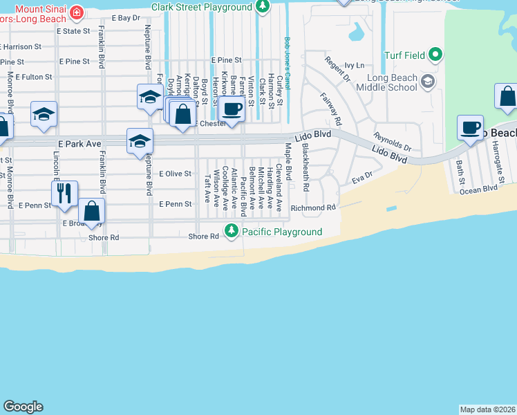 map of restaurants, bars, coffee shops, grocery stores, and more near 107 Harding Avenue in Long Beach