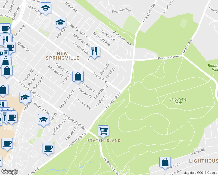 map of restaurants, bars, coffee shops, grocery stores, and more near 99 Lewiston Street in Staten Island