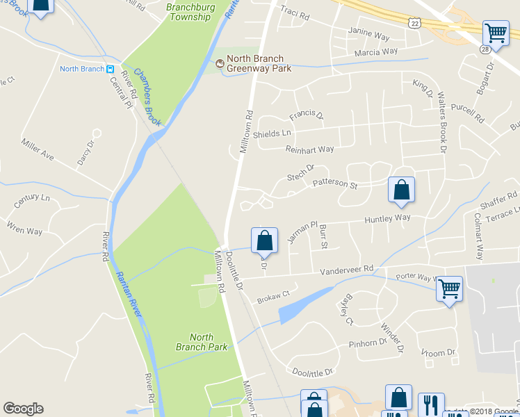 map of restaurants, bars, coffee shops, grocery stores, and more near 508 Dunn Circle in Bridgewater Township
