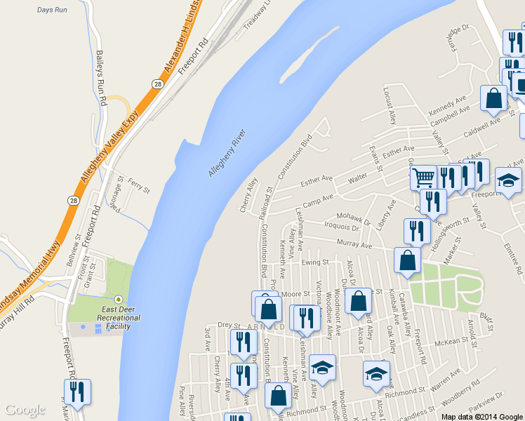 map of restaurants, bars, coffee shops, grocery stores, and more near 1 Railroad St in New Kensington