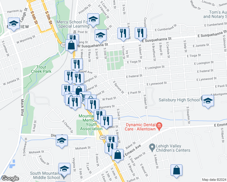 map of restaurants, bars, coffee shops, grocery stores, and more near 1714 Chapel Avenue in Allentown