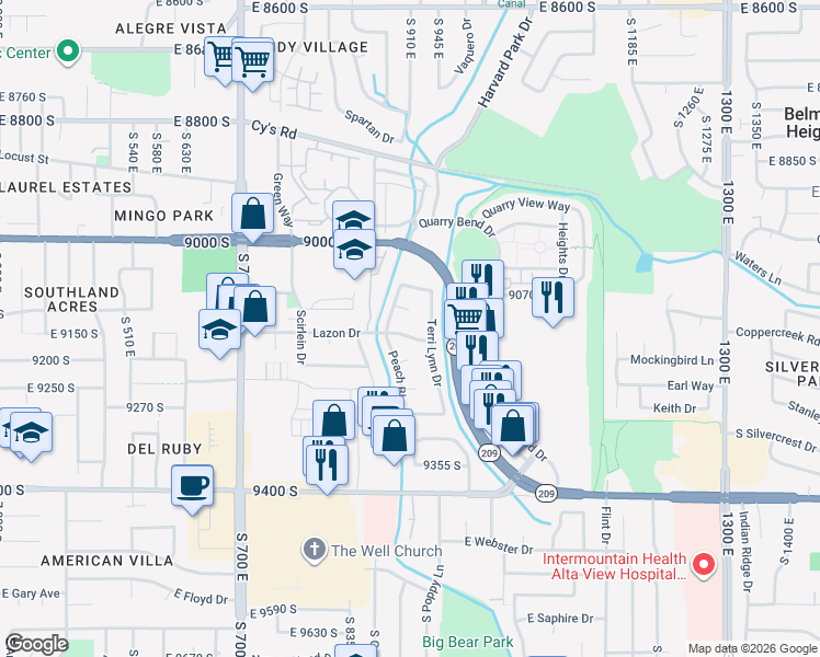 map of restaurants, bars, coffee shops, grocery stores, and more near 905 East 9140 South in Sandy