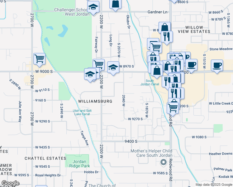 map of restaurants, bars, coffee shops, grocery stores, and more near 9119 South 2110 West in West Jordan
