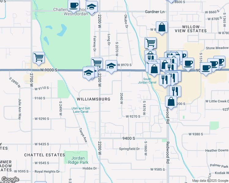 map of restaurants, bars, coffee shops, grocery stores, and more near 9119 South 2110 West in West Jordan