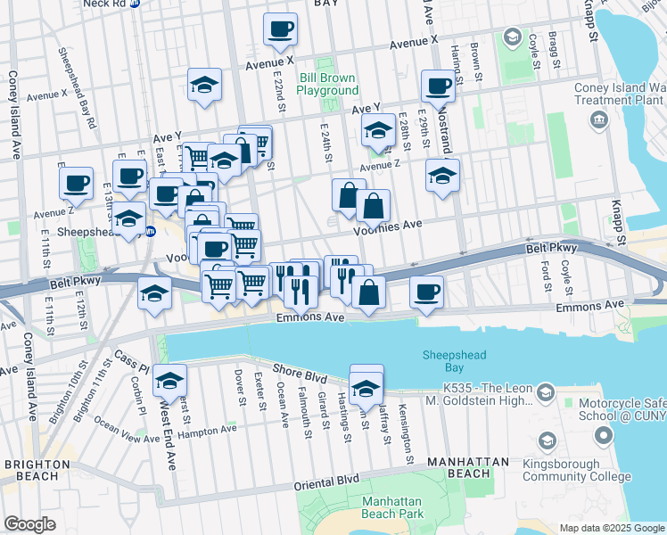 map of restaurants, bars, coffee shops, grocery stores, and more near 2750 East 23rd Street in Brooklyn